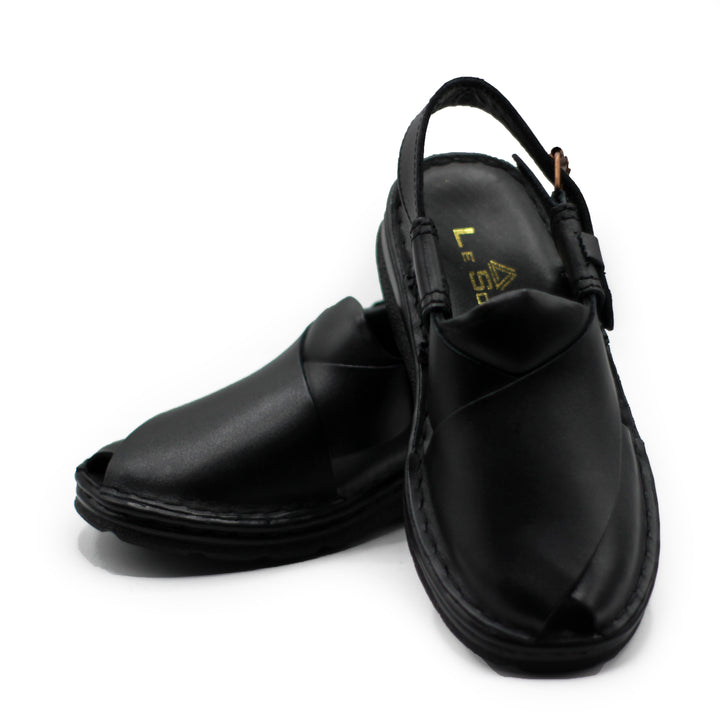 Black Leather Peshawari Chappal/Sandals For Men
