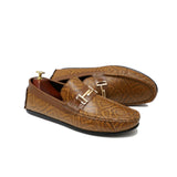 Mustard Color Textured Design Leather Loafers For Men