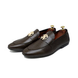 Brown Leather Adorned With Golden Buckle Shoes For Men