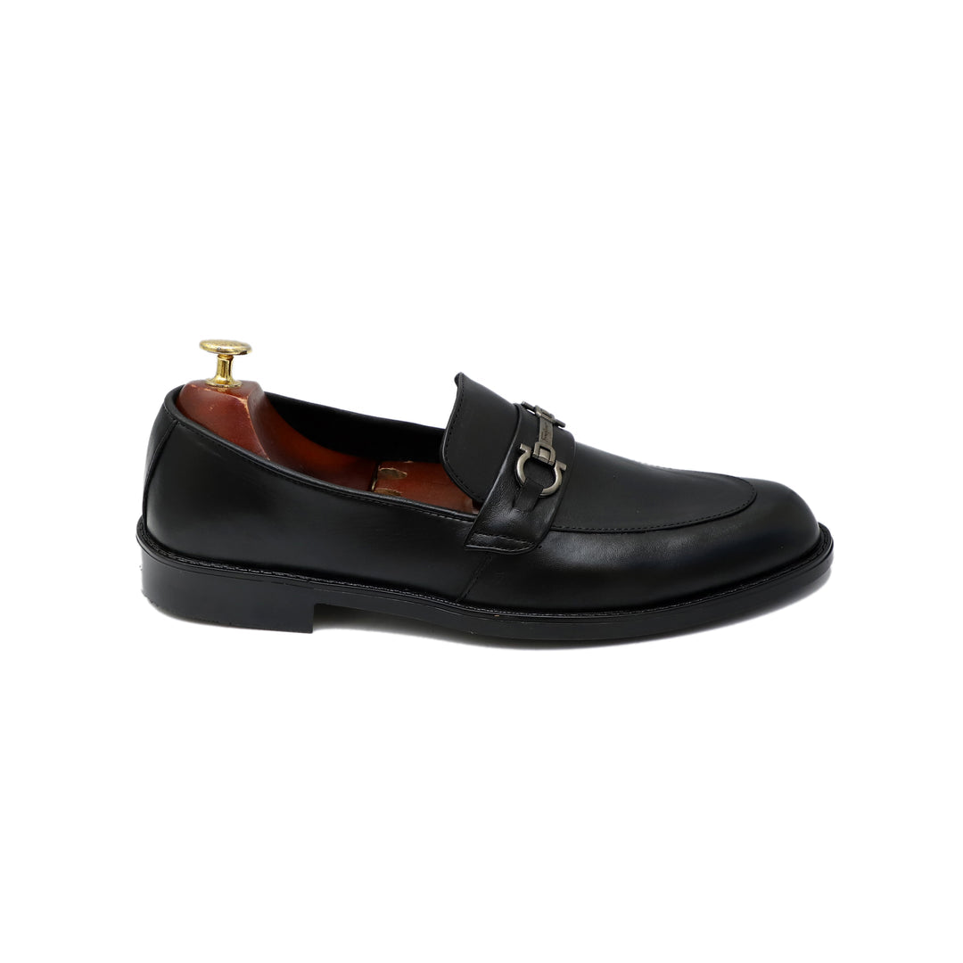 Black Leather Upper Adorned With Silver Buckle Shoes For Men