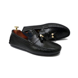 Black Color Block Textured Design Leather Loafers For Men