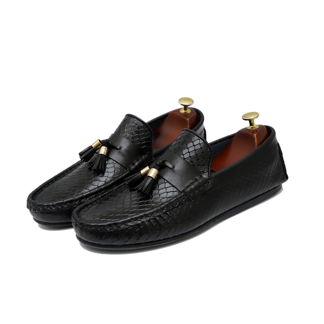 Black Color Block Textured Design Leather Loafers For Men