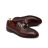 Maroon Textured & Plain Leather With Golden Buckle Shoes For Men