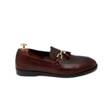 Maroon Textured & Plain Leather With Golden Buckle Shoes For Men