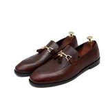 Maroon Textured & Plain Leather With Golden Buckle Shoes For Men