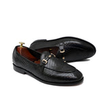 Black Textured Leather Adorned With Golden and Black Buckle Shoes For Men