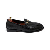 Black Textured Leather Adorned With Golden and Black Buckle Shoes For Men