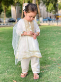 Luxurious White Katan Silk Festive Dress For Girls