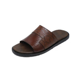 Black & Brown Textured Design Leather Slippers For Men