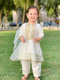 Luxurious White Katan Silk Festive Dress For Girls