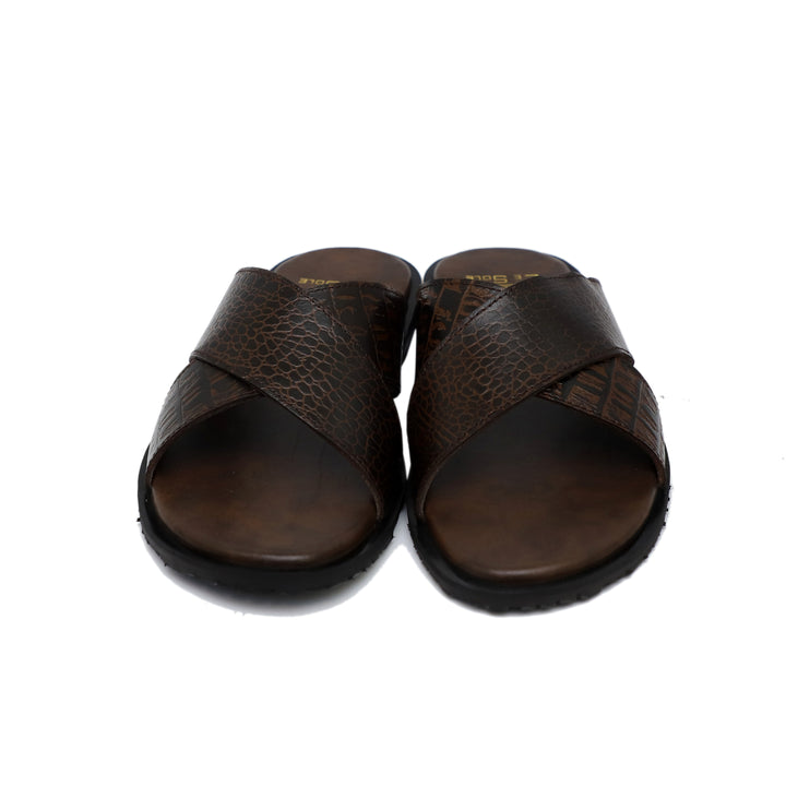 Brown Color Textured Design Leather Slippers For Men
