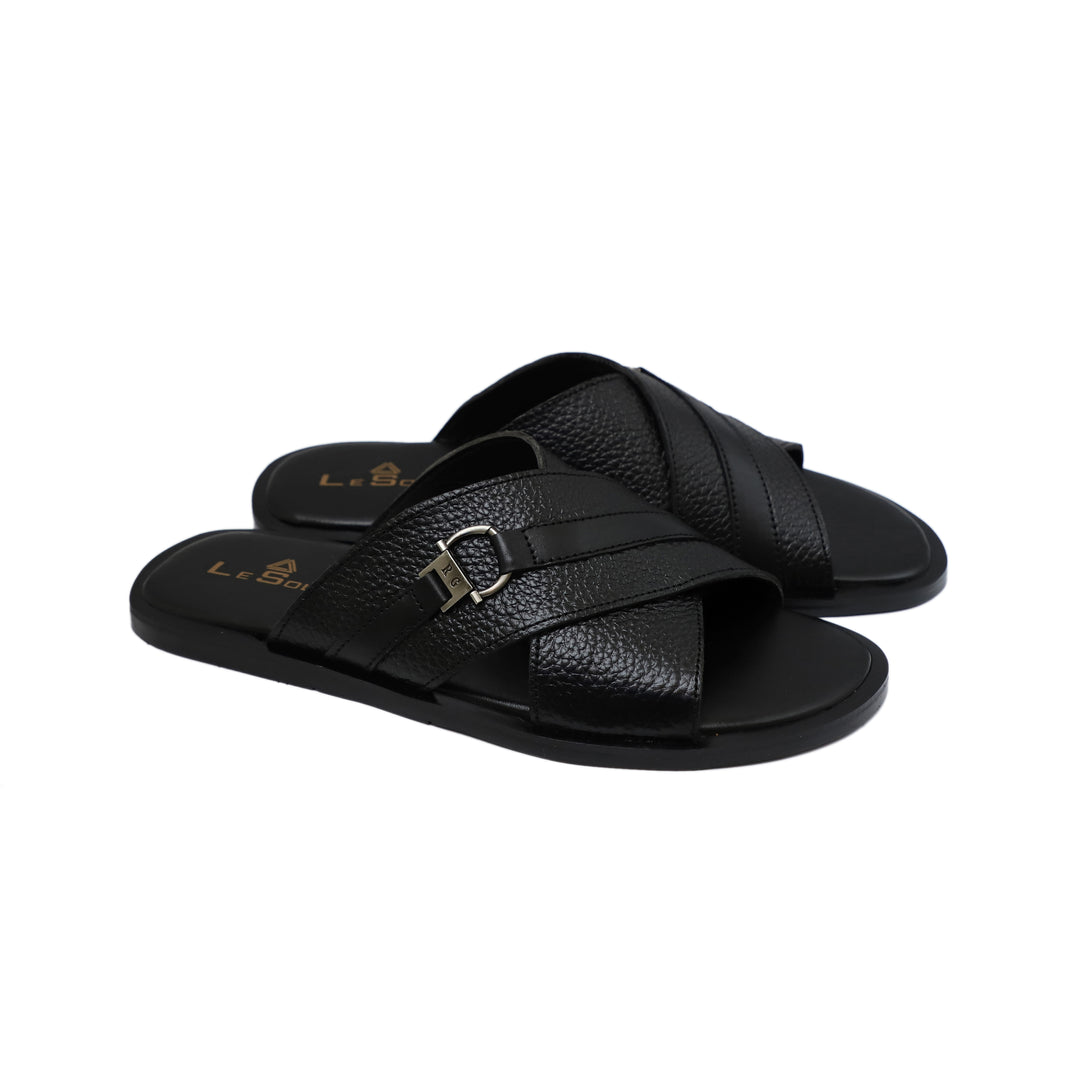 Brown & Black Color Textured Design Leather Slippers For Men