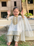 Luxurious White Katan Silk Festive Dress For Girls