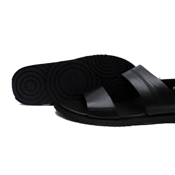 Black Color Stripe Design Leather Sandals For Men