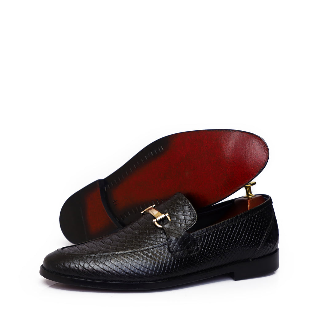 Black Polished Printed Leather With Golden Buckle Shoes For Men