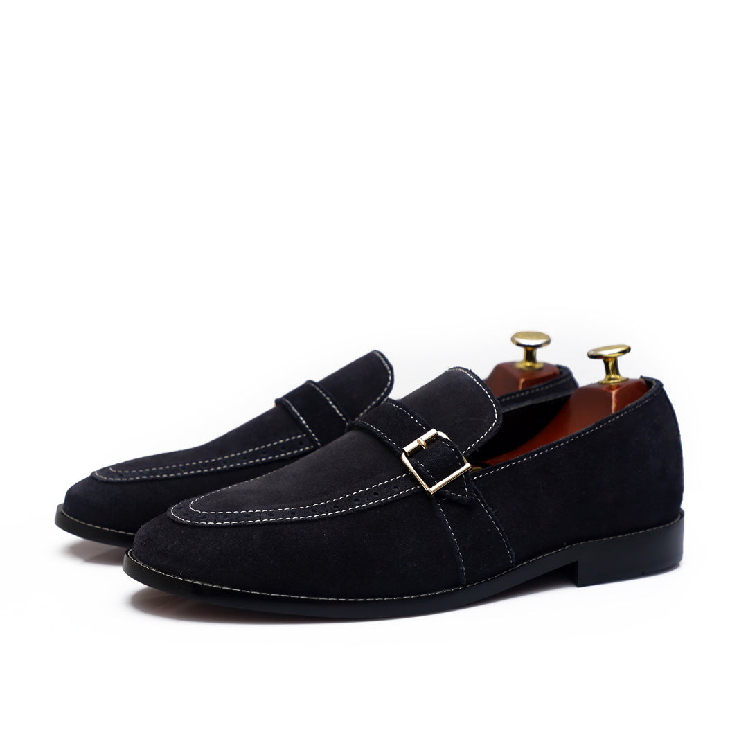 Blue Suede Leather Upper Adorned With Leather Strip and Golden Buckle Shoes For Men