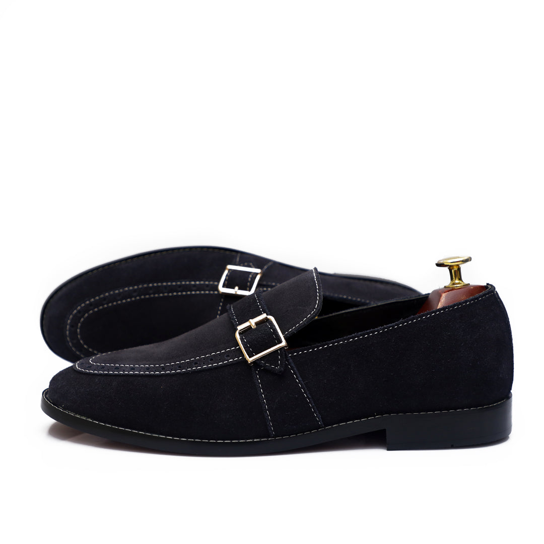 Blue Suede Leather Upper Adorned With Leather Strip and Golden Buckle Shoes For Men
