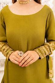 Olive Green Long Silk Shirt with Lehenga & Chiffon Dupatta For Women