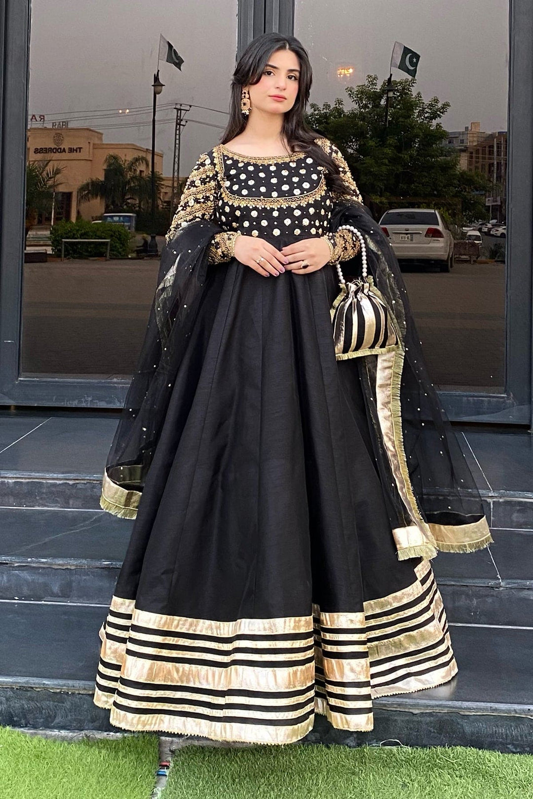 Afroz Jahan Black Raw Silk Maxi with Net Dupatta For Women