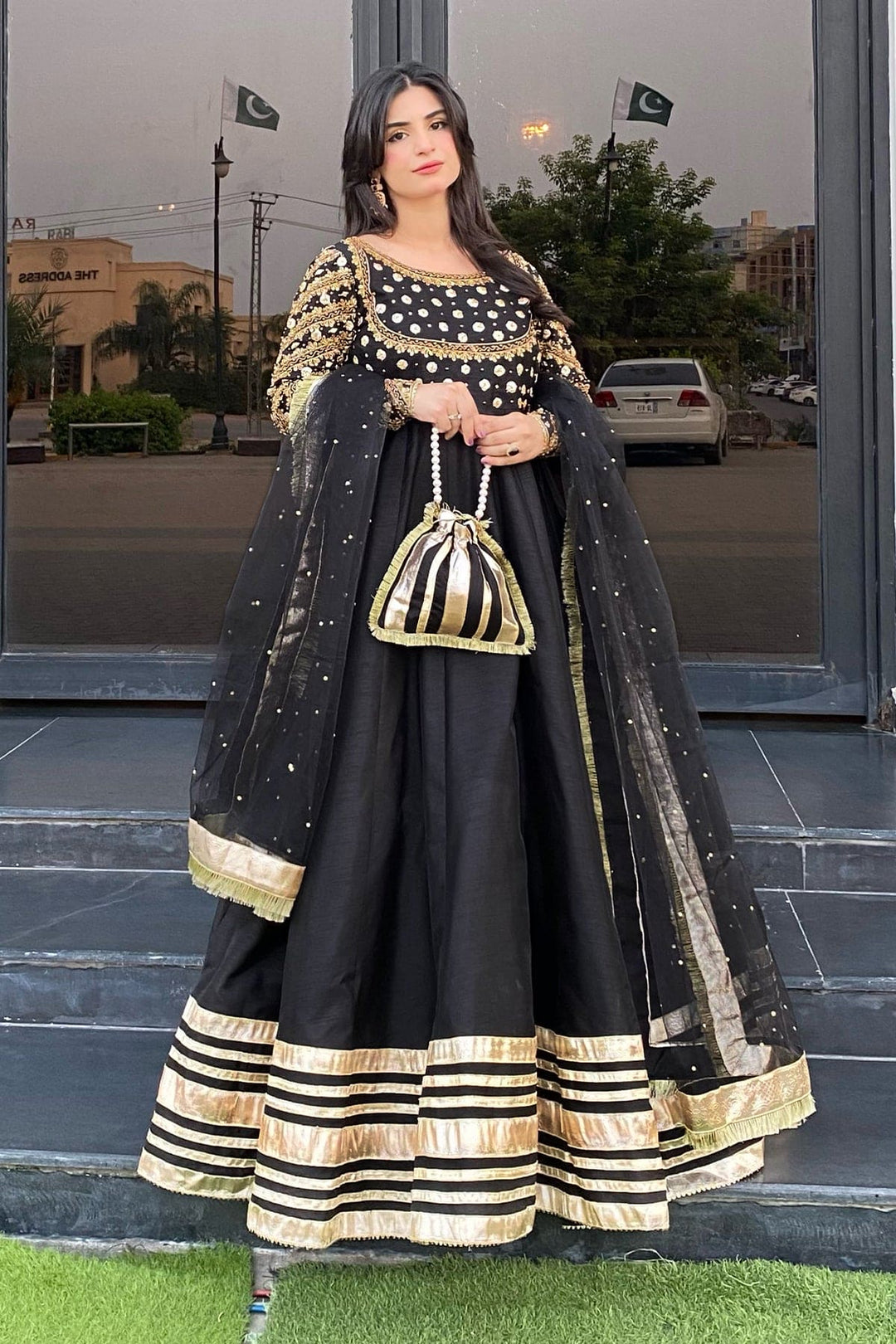 Afroz Jahan Black Raw Silk Maxi with Net Dupatta For Women
