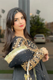 Afroz Jahan Black Raw Silk Maxi with Net Dupatta For Women