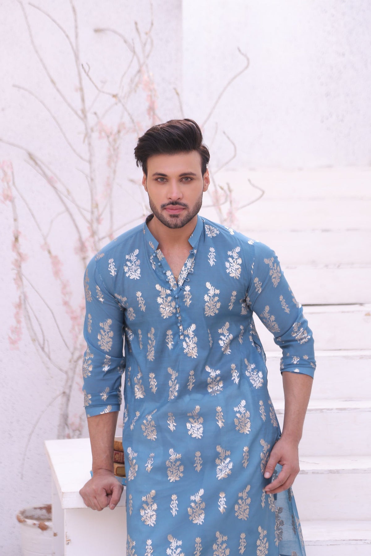 Blue Color Boti Mirror Embroidered Kurta Pajama For Men