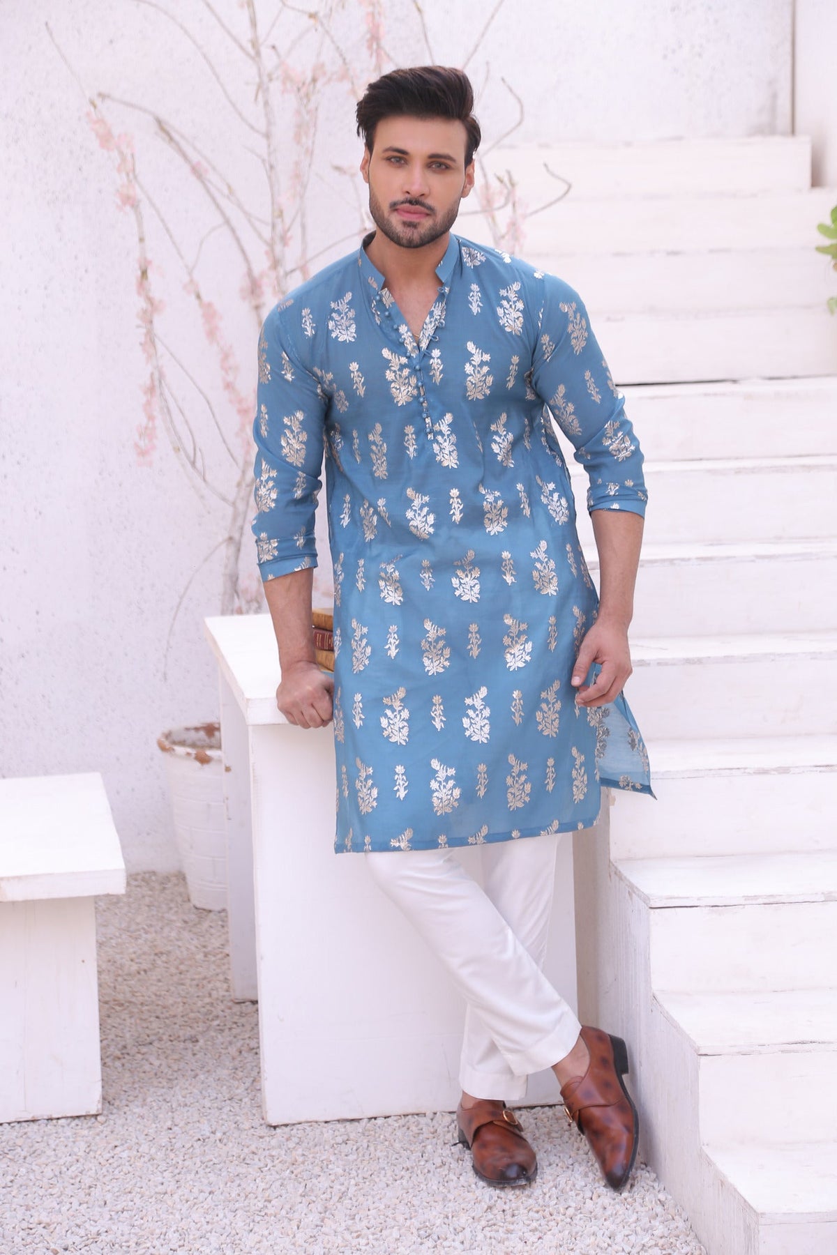 Blue Color Boti Mirror Embroidered Kurta Pajama For Men