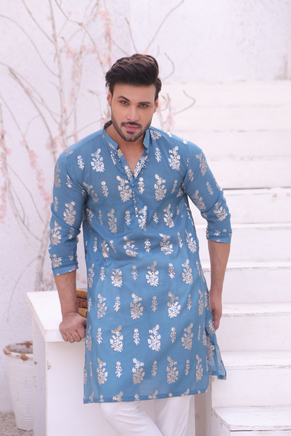 Blue Color Boti Mirror Embroidered Kurta Pajama For Men