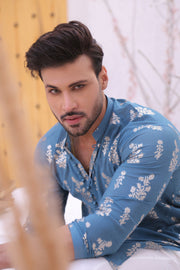 Blue Color Boti Mirror Embroidered Kurta Pajama For Men