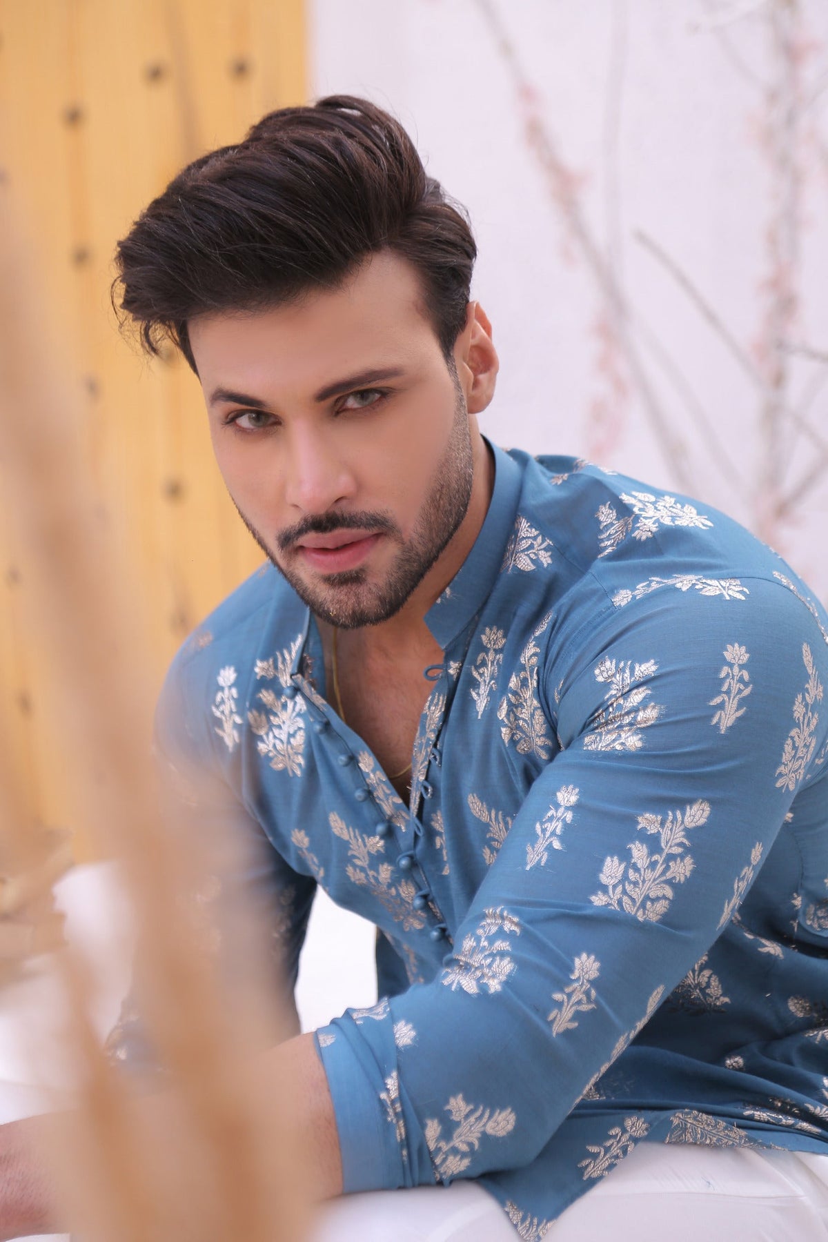 Blue Color Boti Mirror Embroidered Kurta Pajama For Men