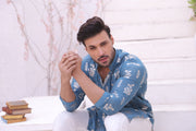 Blue Color Boti Mirror Embroidered Kurta Pajama For Men