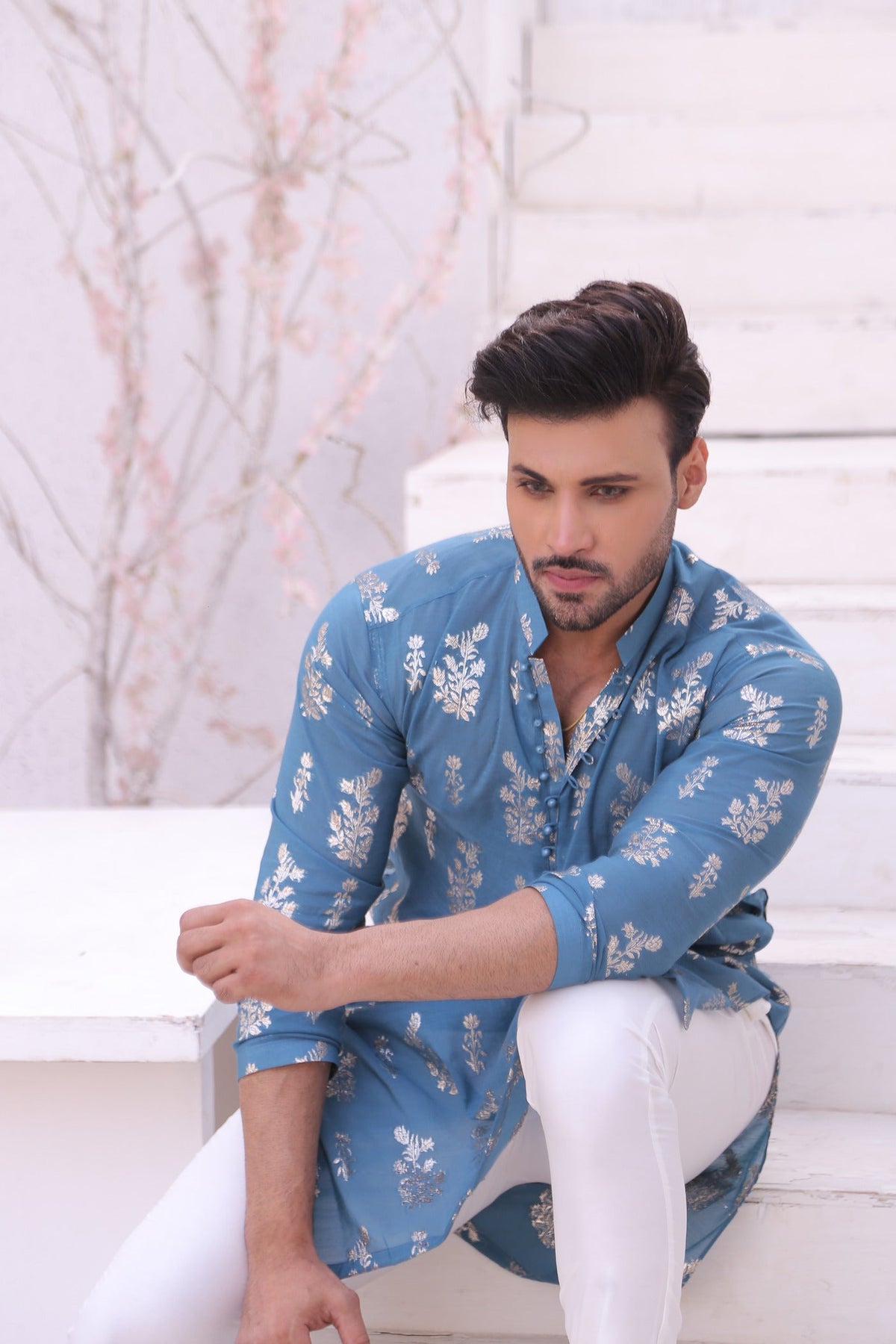 Blue Color Boti Mirror Embroidered Kurta Pajama For Men