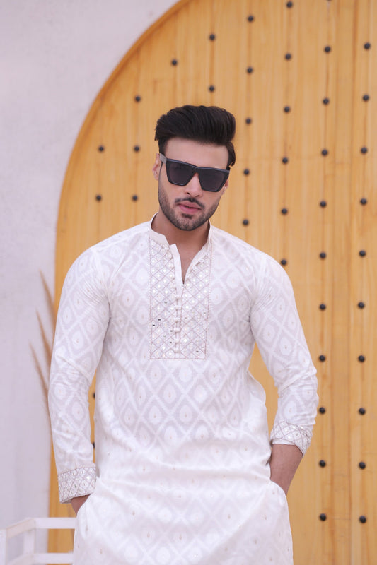 White Color Mirror Embroidered Work Kurta Pajama For Men