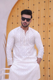 White Color Mirror Embroidered Work Kurta Pajama For Men