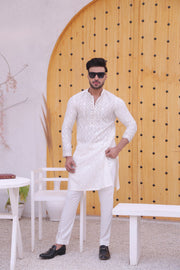 White Color Mirror Embroidered Work Kurta Pajama For Men
