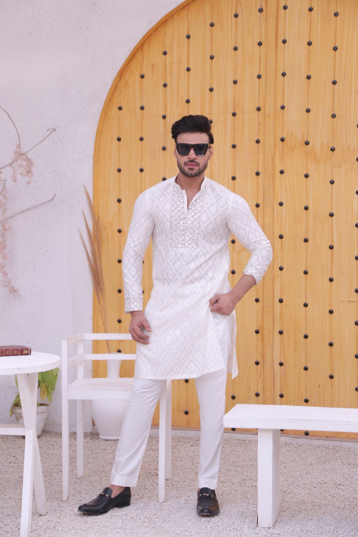 White Color Mirror Embroidered Work Kurta Pajama For Men