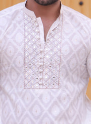 White Color Mirror Embroidered Work Kurta Pajama For Men