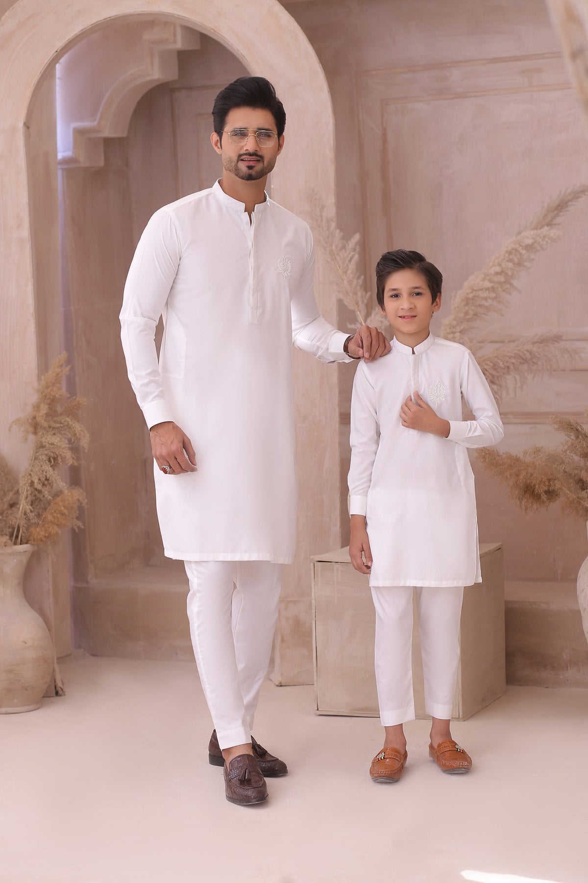 White Father & Son Matching Kurta Set For Men & Kid