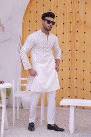 White Color Mirror Embroidered Work Kurta Pajama For Men