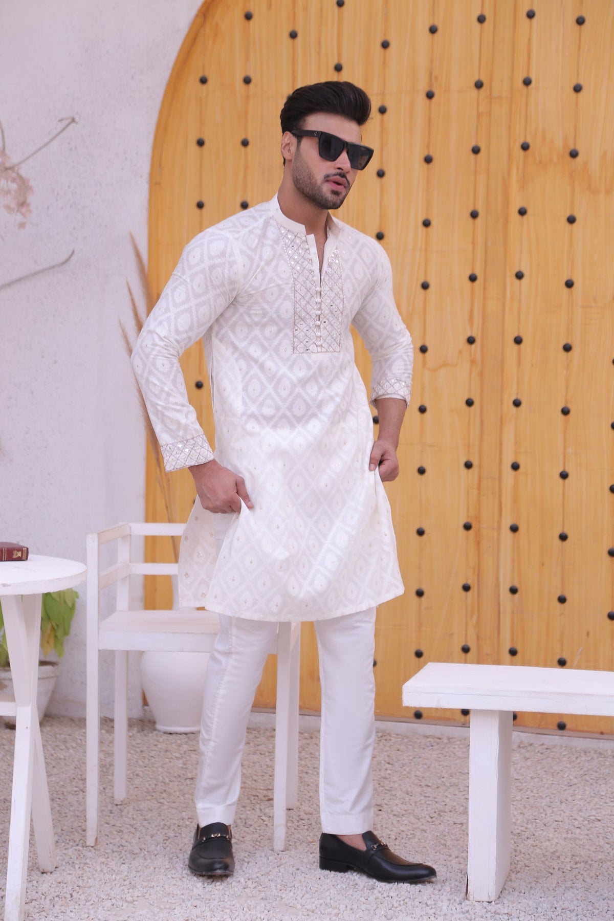 White Color Mirror Embroidered Work Kurta Pajama For Men