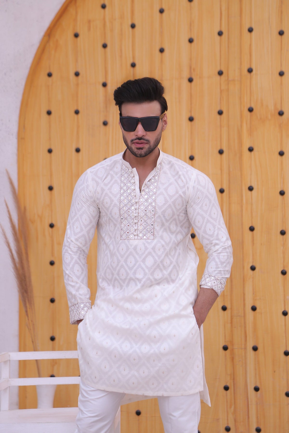 White Color Mirror Embroidered Work Kurta Pajama For Men