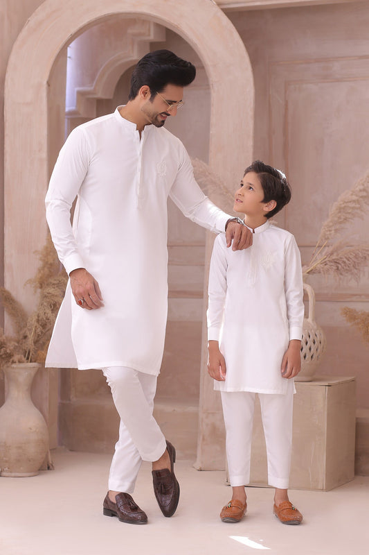 White Father & Son Matching Kurta Set For Men & Kid