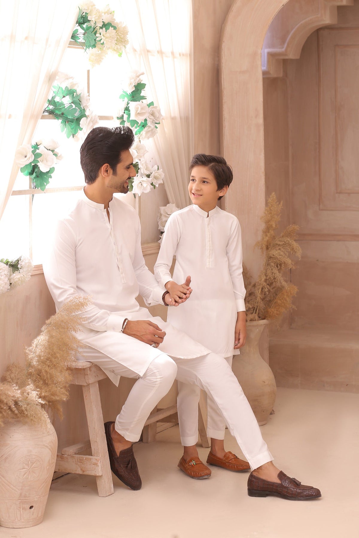 Classic White Father & Son Matching Kurta Pajama Set For Men & Kid