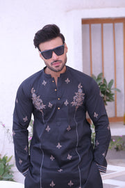 Black Color Embroidery Work Kurta Pajama For Men
