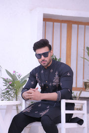 Black Color Embroidery Work Kurta Pajama For Men