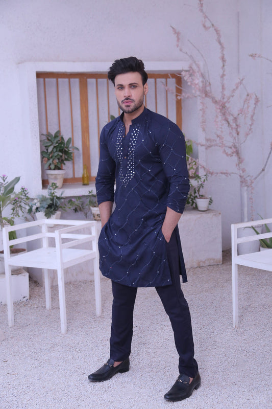 Blue Color Mirror Embroidered Kurta Pajama For Men