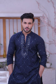 Blue Color Mirror Embroidered Kurta Pajama For Men