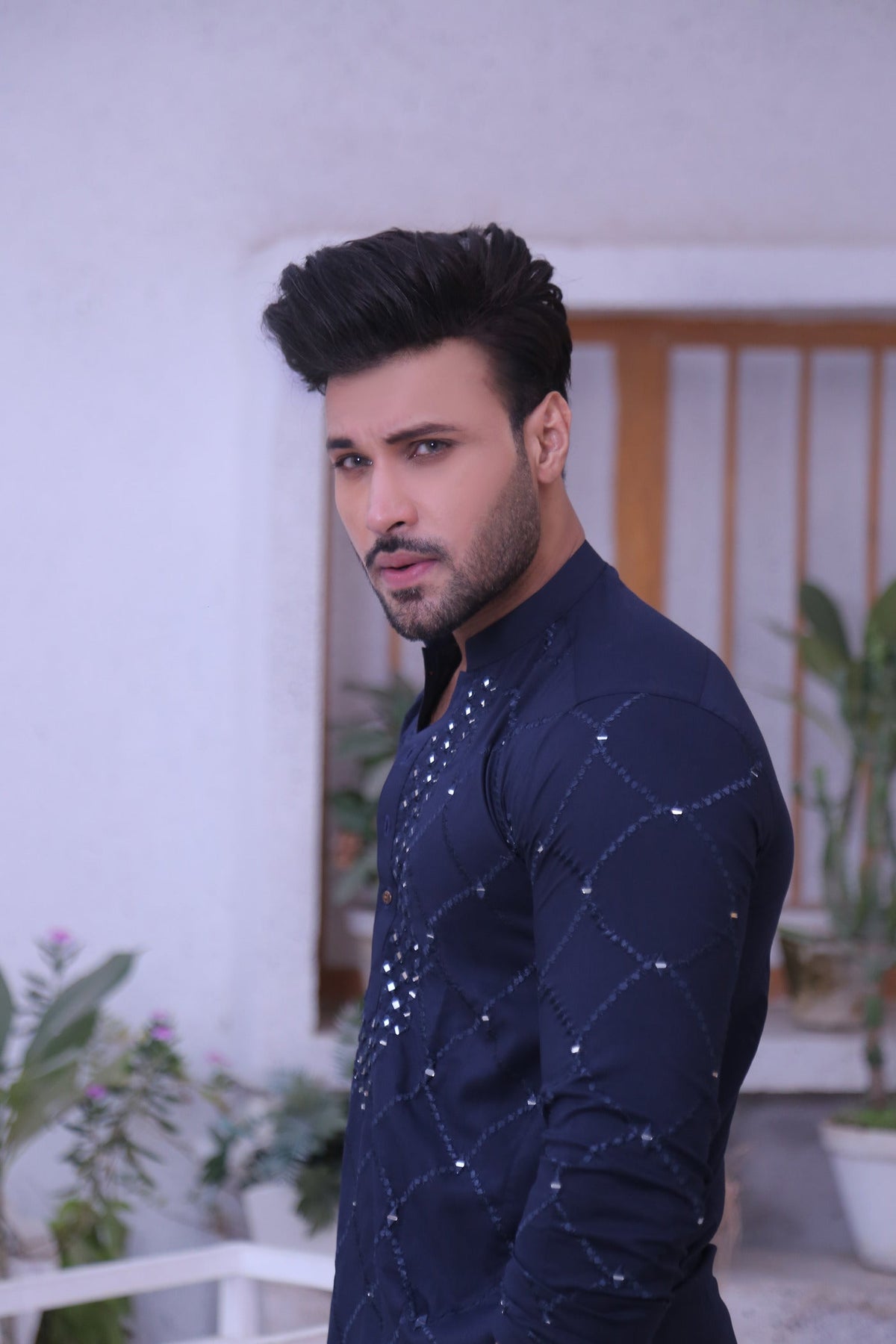 Blue Color Mirror Embroidered Kurta Pajama For Men