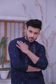 Blue Color Mirror Embroidered Kurta Pajama For Men