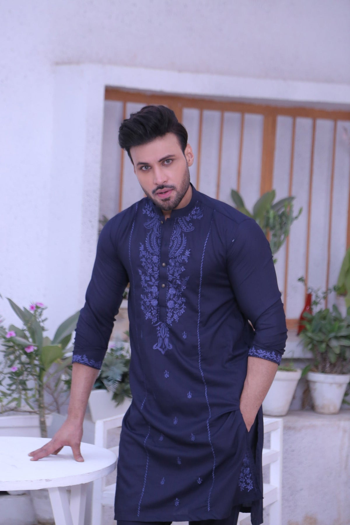 Blue Color Mirror Embroidered Kurta Pajama For Men
